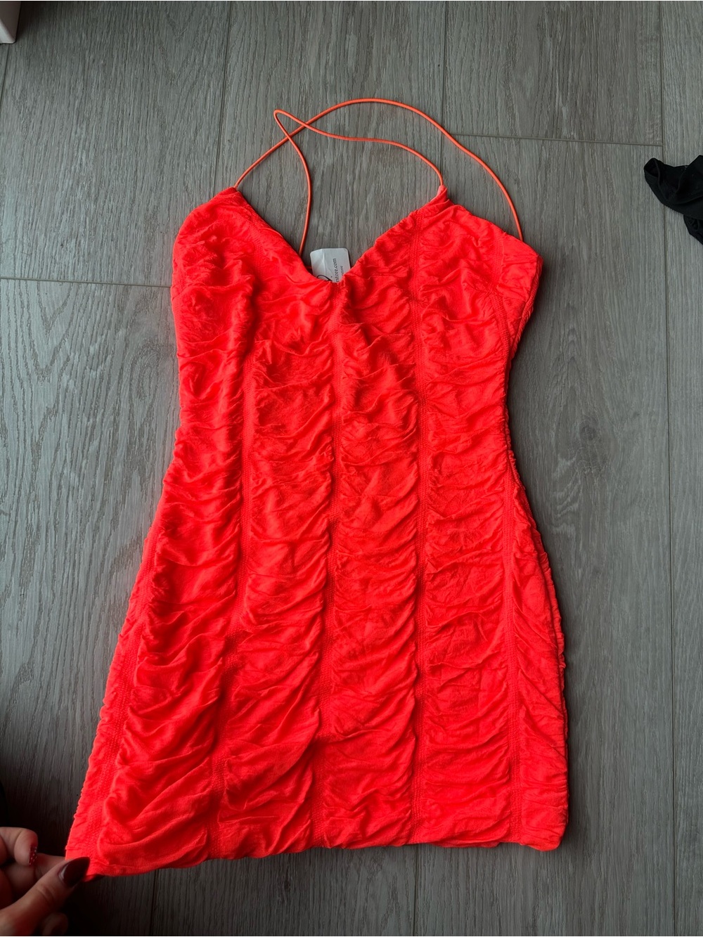 Windsor Neon Coral Ruched Mini Slip Dress with Spaghetti Straps